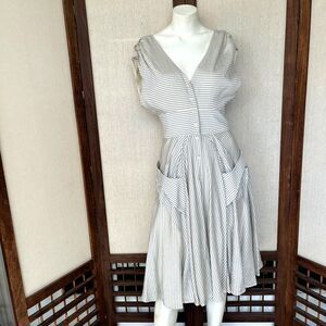 Calvin Klein Sleeveless Button Up Cinched Waist Dress, Pockets, Circle Skirt